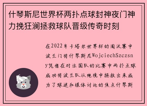 什琴斯尼世界杯两扑点球封神夜门神力挽狂澜拯救球队晋级传奇时刻